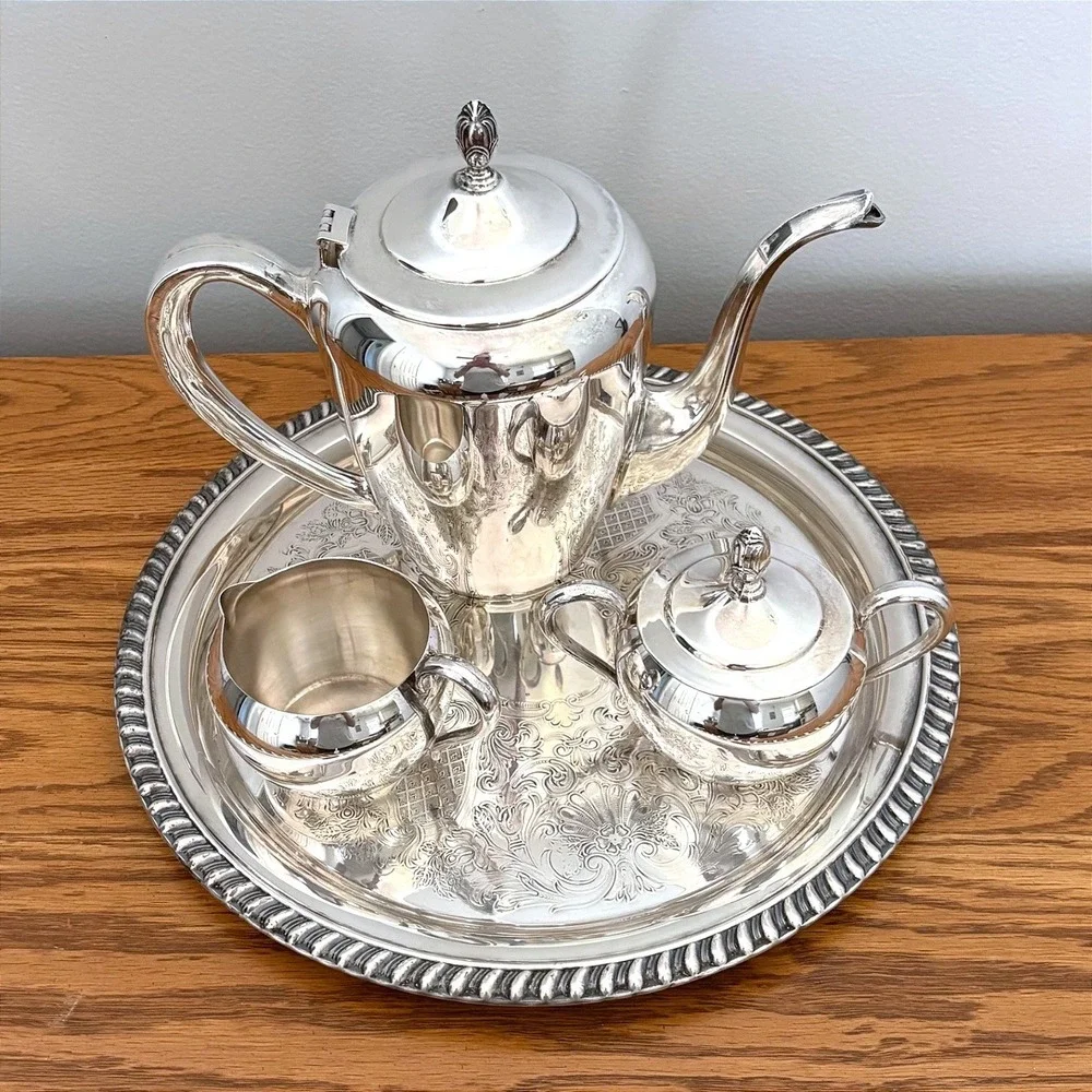 Vintage Silver Plated 4pc Tea Set Chased Floral Teapot Sugar Creamer Round Tray